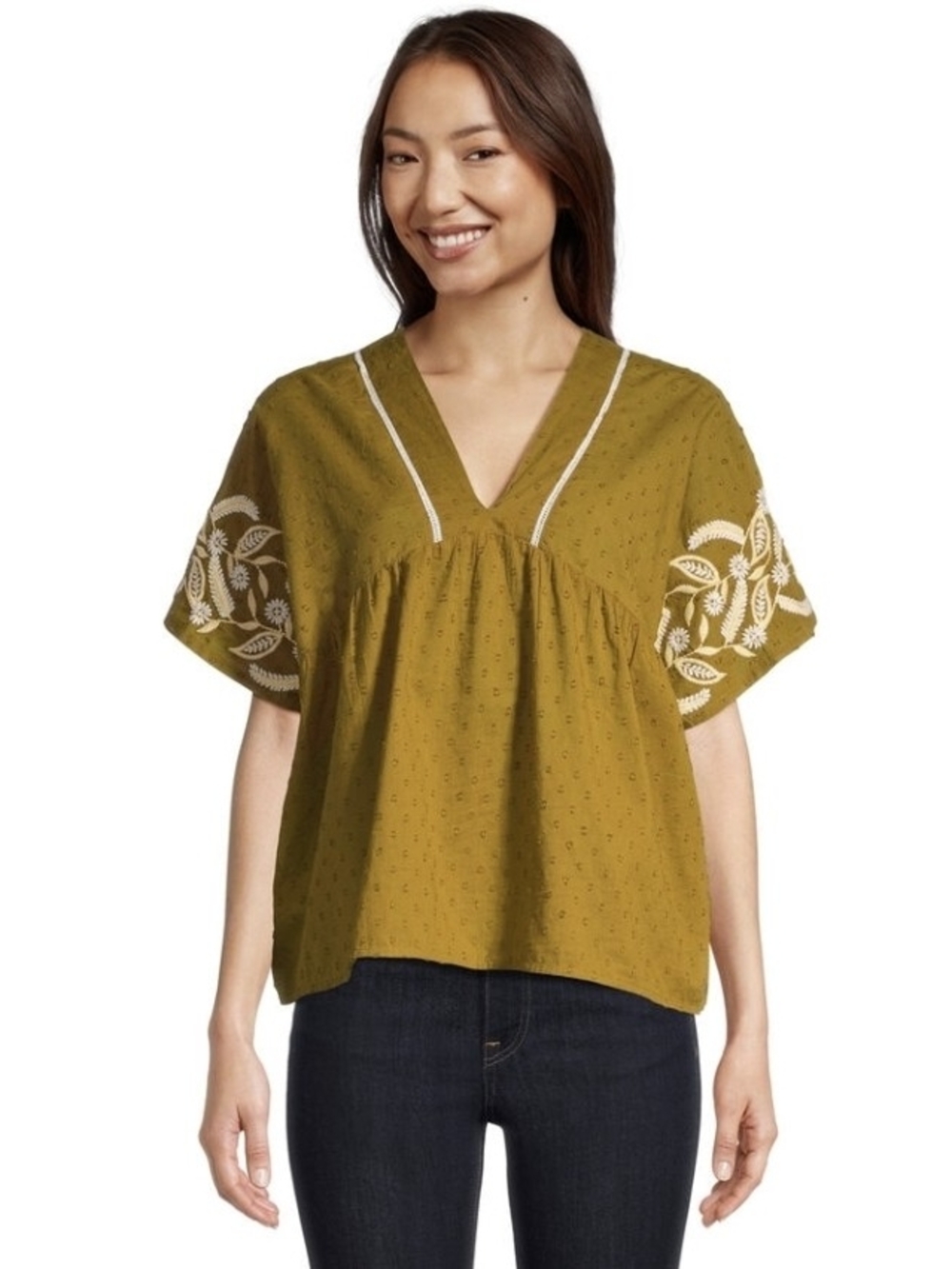 Boho Embroidered Olive Green V-Neck Women’s Top